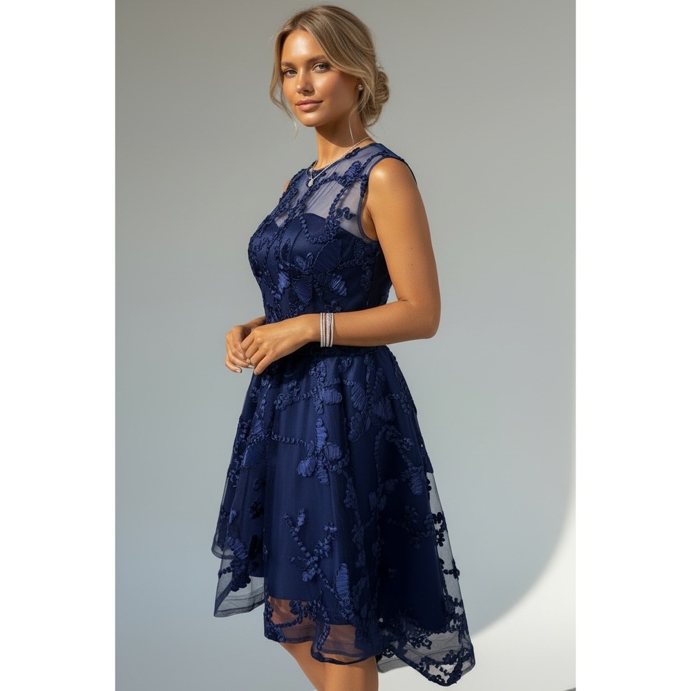 Navy Blue Floral Lace Illusion High-Low Cocktail Dress Size Small Prom Wedding